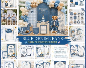 May include: A Blue Jean Baby baby shower party bundle featuring a teddy bear in denim, rocking horses, and blue gingham patterns. Includes printable signs, games, cupcake toppers, and favor tags with text like Welcome Blue Jean Baby.