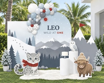 Festa di compleanno a tema leopardo delle nevi, tema "Wild One", stampabile personalizzata per feste a tema animali invernali (pacchetto digitale)
