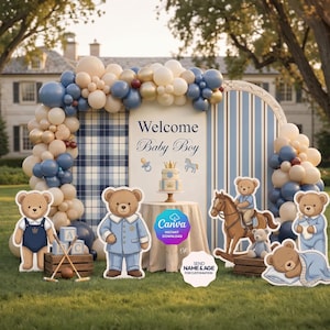 May include: A baby shower scene with a blue and gold balloon arch, a sign that reads "Welcome Baby Boy", and teddy bear cutouts. A cake and rocking horse are also featured. The scene is set outdoors on a grassy lawn.