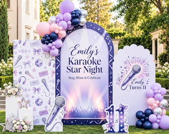 May include: A party backdrop set featuring three arched panels with purple and blue balloon garlands. The center panel displays the text Emily's Karaoke Star Night, Sing, Shine & Celebrate. The right panel shows a microphone and Emily Turns 11.