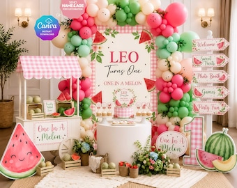 May include: A watermelon-themed party decoration set featuring a backdrop with the text Leo Turns One, One in a Melon, a small white cart, a cake, balloon arches in pink and green, a directional sign, and a large watermelon cutout.