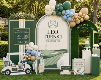 May include: A golf-themed party display featuring a large arched backdrop with the text LEO TURNS 1, a green rectangular sign, a grass-covered arch, a golf cart cutout, a golf bag cutout, a number one sign, and a balloon garland in green, blue, and tan.