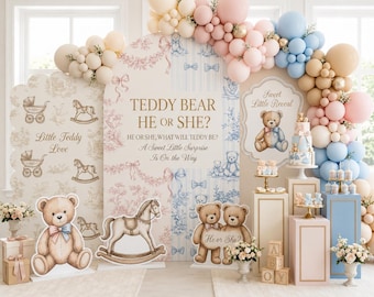 Kit Revelação de Gênero com Ursinho de Pelúcia, Pacote para Festa Temática com Estampa Toile (Arquivos Digitais)