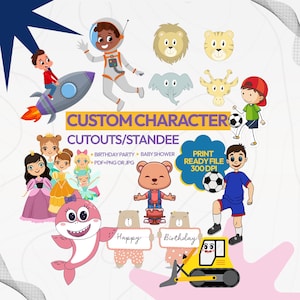 Puede incluir: Ilustración colorida de personajes de dibujos animados, incluyendo un astronauta, un cohete, un león, un tigre, un elefante, una jirafa, un jugador de fútbol, un oso, un tiburón y princesas. Texto: "CUSTOM CHARACTER CUTOUTS/STANDEE".