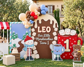 May include: A birthday party display featuring a brown arch backdrop with the text LEO Our Little Marshmallow Turns 1, surrounded by marshmallow illustrations, a red mug cutout with a number 1, and a blue mug and marshmallow character.
