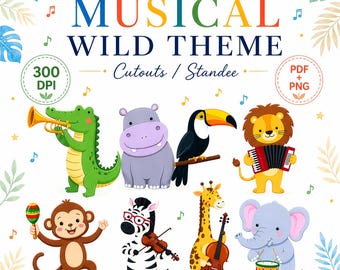 Può includere: Un set grafico digitale intitolato MUSICAL WILD THEME Cutouts / Standee con animali dei cartoni animati che suonano strumenti, tra cui un coccodrillo con una tromba, un leone con una fisarmonica, una zebra con un violino, una giraffa con un violoncello e un elefante con un tamburo.