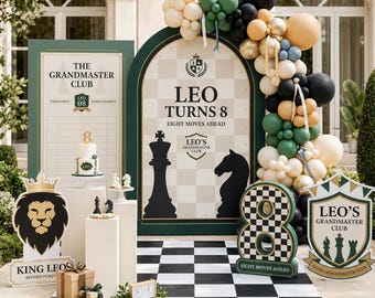 May include: A chess-themed party display featuring a large arched backdrop with the text LEO TURNS 8, a checkered floor mat, a balloon arch in cream, green, and black, a sign reading THE GRANDMASTER CLUB, a lion cutout, and a number 8 prop.