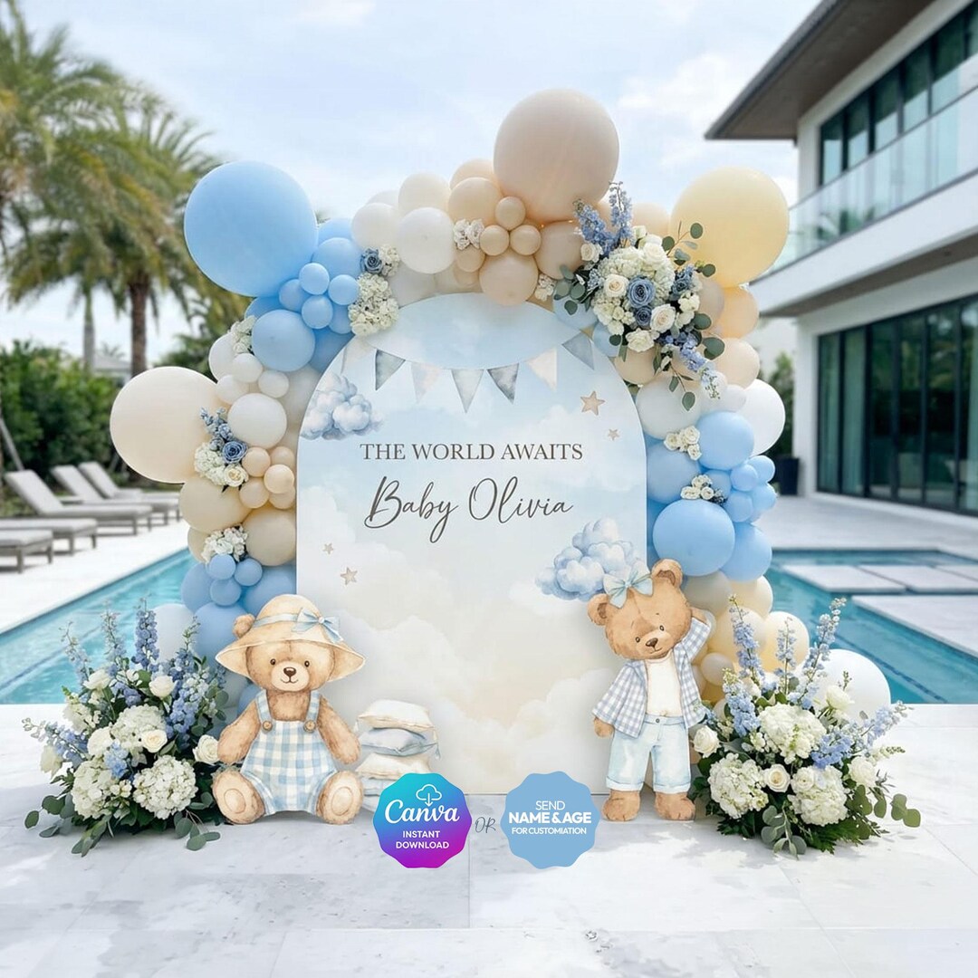 Teddy Bear Baby Shower Backdrop Bundle, the World Awaits Theme, Blue ...