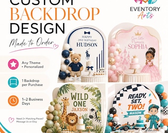 Può includere: Design di sfondi personalizzati per compleanni ed eventi. L'immagine mostra quattro diversi design di sfondi con temi tra cui un orsacchiotto, una principessa, una giungla e un'auto da corsa. Il testo include "Happy 2nd Birthday", "Wild One" e "Ready, Set, Two!"