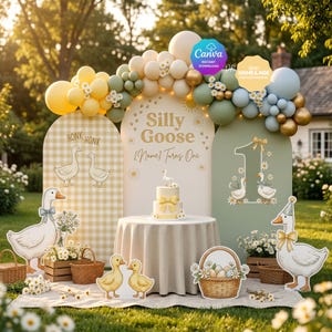 May include: A charming outdoor party setup with a "Silly Goose" theme. The scene features balloon decorations, a cake, and goose and duckling cutouts. The text "Silly Goose [Name] Turns One" is displayed, alongside the number "1".