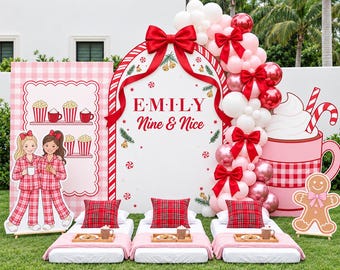 Christmas Pajama Party Theme, Personalized Christmas Birthday Pink Red Pajama Party Printable (Digital Bundle)