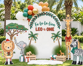 Kit per festa di compleanno a tema Safari di Natale, stampabile personalizzato a tema Fa La La Lion (pacchetto digitale)
