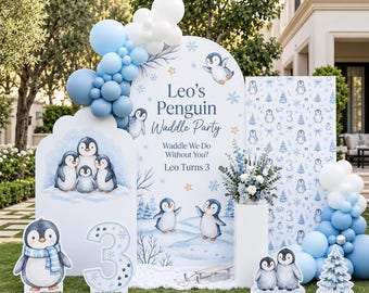 May include: A party backdrop set featuring penguin illustrations, blue and white balloons, and signage reading Leo's Penguin Waddle Party, Waddle We Do Without You? Leo Turns 3. Includes a large arch, a rectangular panel, and penguin cutouts.