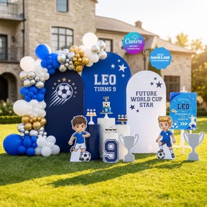 May include: A soccer-themed birthday party setup with blue, white, silver, and gold balloons. The decorations include a sign that says "LEO TURNS 9" and "FUTURE WORLD CUP STAR". There are also cutouts of soccer players and trophies.