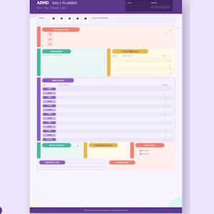 Könnte beinhalten: Ein lila-weißer ADHD-Tagesplaner mit Abschnitten für Fokus, Zeitblöcke und Selbstpflege. Der Planer enthält oben den Text "ADHD Daily Planner" und farbige Kästchen für verschiedene Aufgaben und Notizen.