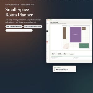 May include: A digital download interactive tool titled Small-Space Room Planner. The interface displays a grid-based floor plan with furniture shapes, live area calculations, and a status indicator showing No conflicts for furniture placement.