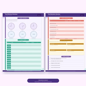 May include: Two worksheets with purple and green accents. The "Time Blindness Worksheet" features clock faces and a schedule. The "Time Estimation Exercises" worksheet includes prompts and sections for notes. The bottom banner reads "Time Blindness Worksheet".