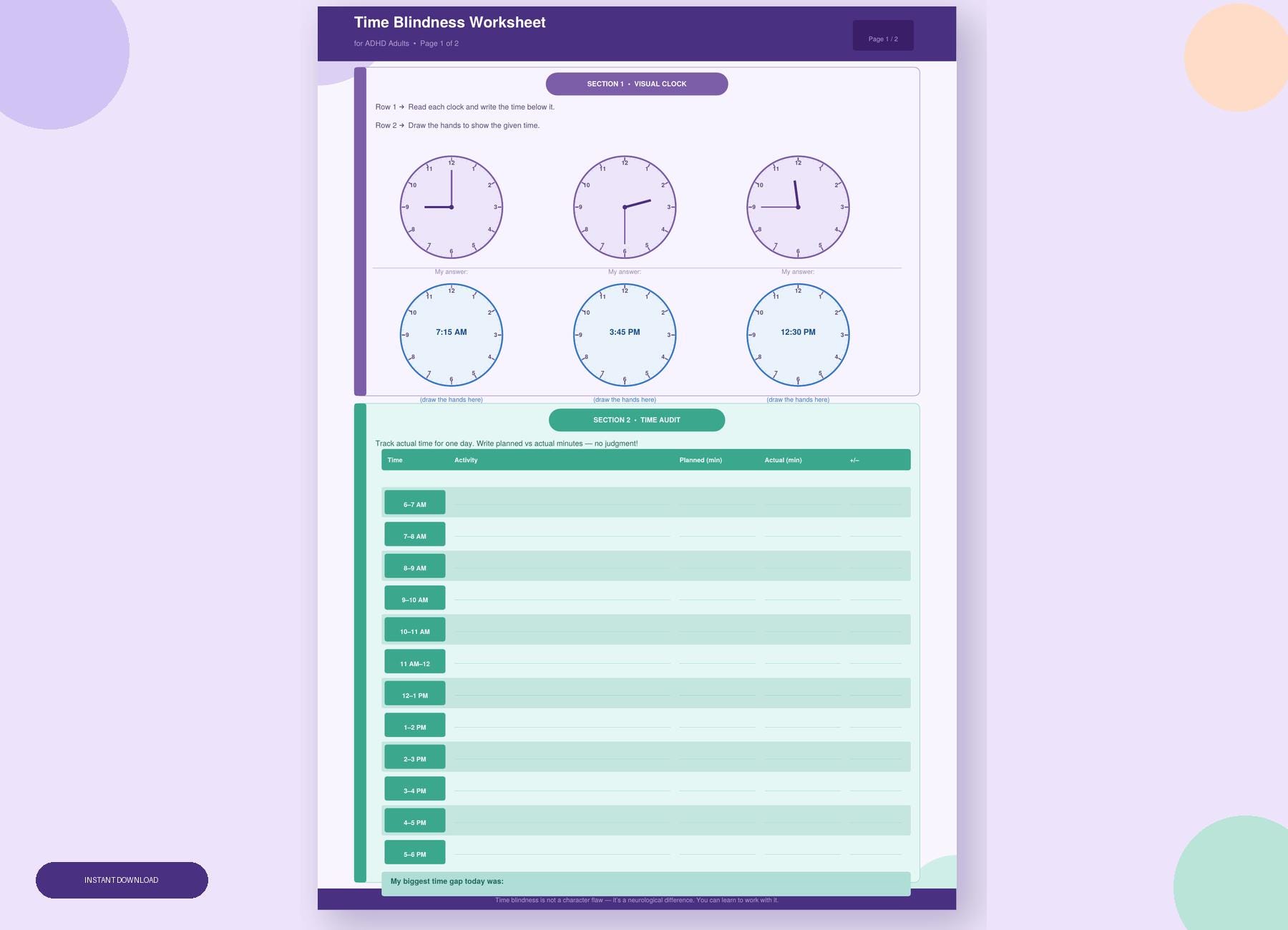 ADHD Time Blindness Worksheet Printable PDF | Visual Clock, Time Audit ...