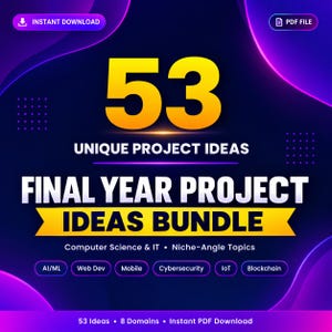 Könnte beinhalten: Eine digitale PDF-Datei mit 53 einzigartigen Projektideen für Informatik- und IT-Studierende. Die Grafik zeigt einen dunkelblauen Hintergrund mit leuchtend violetten Kurven, gelbem Text und Beschriftungen für KI/ML, Webentwicklung, Mobile, Cybersicherheit, IoT und Blockchain.