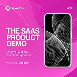Pode incluir: Imagem promocional com fundo rosa e texto branco que diz "THE SAAS PRODUCT DEMO". Um smartphone exibe um design de linhas brancas em uma tela preta. O texto "Smarter Solutions. Seamless Experience." também está presente.