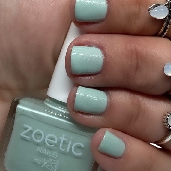 Short square pastel green nails with stones. Suitable for daily wear. Just  press on your natural nails for 10 seconds and you are good to… | Instagram