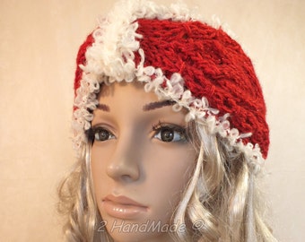 Cable Chunky Knitted Santa Christmas Headband Adult Red Sparkle Shine yarn of White  Infinity Wide Headband Turban Angora Mohair Wool  Xmas