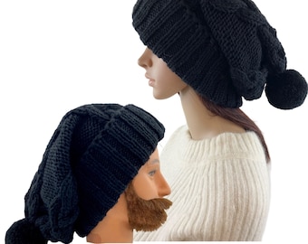 Handmade Knit Black Slouchy Beanie: Chunky Pom Pom Beret