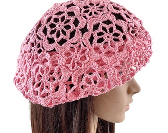 Vintage Style Irish Lace Crochet Cloche: Pink Cotton Beret