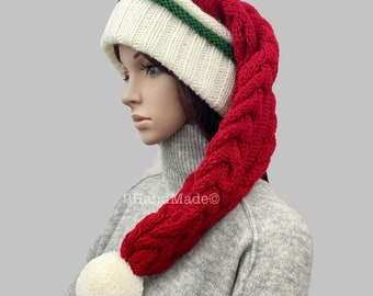 Hand Knit Merino Wool Santa Hat: Adult Xmas Beanie with Pom Pom