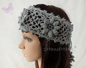 Grey Irish Lace 3D Crochet Headband Dreadlock Head wrap Boho Wooden Beaded Women Wedding Bridal Cotton Hair Snood