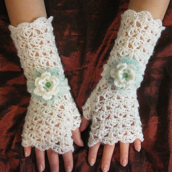 Lace Crochet Fingerless Gloves Hand Warmers  Soft Romantic Vintage White removable bracelet flower Fluffy Angora goat wool