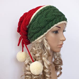 Santa Hat Adult Cable Knit Oversized Beret Baggy Neck Warmer Slouchy Christmas Santa Hat Transformer Beanie Chunky Tube Scarf Pom Poms image 4