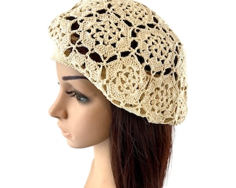 Irish Lace Boho Style Crochet Motifs Women  Vintage Style Cloche Rasta Snood Tam Beach Cotton Beret Hat Ivory Spring Summer Fashion