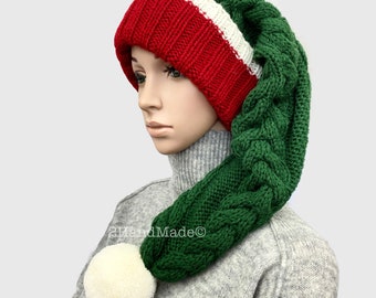 Hand Knit Merino Wool Santa Hat: Long Cable Knit, Red and Green