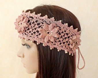 Pink Rose Headband OOAK Irish Lace 3D Crochet Dreadlock Head Wrap Boho Wood Beaded Women Ivory Wedding Bridal Cotton Hair Snood