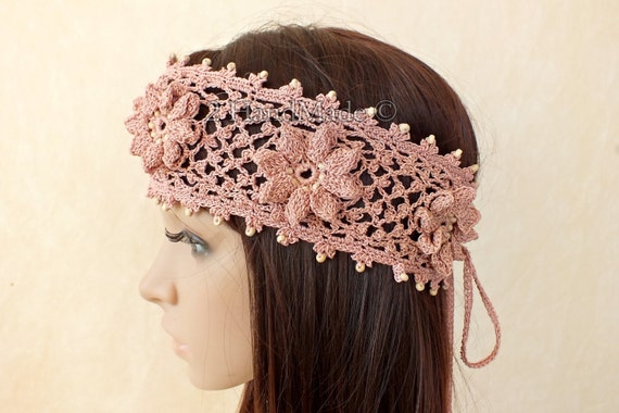 Dark pink Crochet Lace Headband Hippie Crochet Lace Headband – Little Hippie main image 3