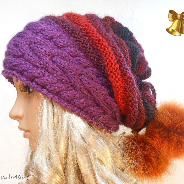 Cable Knit Oversized Beret Neck Warmer Slouchy Mohair Wool Hat beanie Rainbow Tube Scarf  Pom Poms Chunky