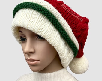 Santa Hat Adult Unisex Women Men Handmade Knit Oversized Beanie Beret Baggy Slouchy Red Green Off White Xmas Christmas Santa Chunky Pom Pom