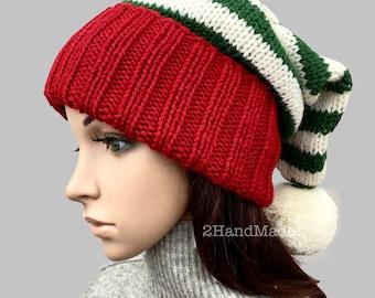 Hand Knit Santa Hat: Striped Merino Wool Beanie with Pom Pom