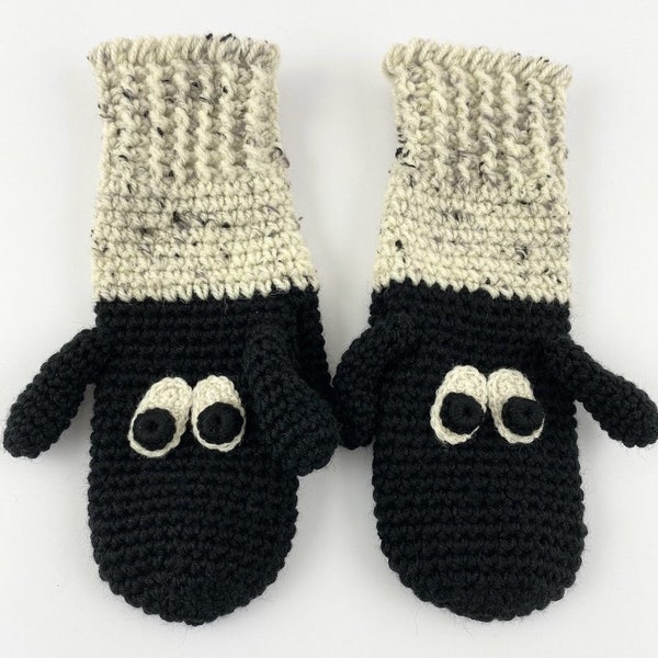 Funny Chunky Crochet Lamb Sheep Mittens Animal Puppet Unisex Boy Girl Teens Women Men Gloves Merino Wool Ivory Black Hand Warmers