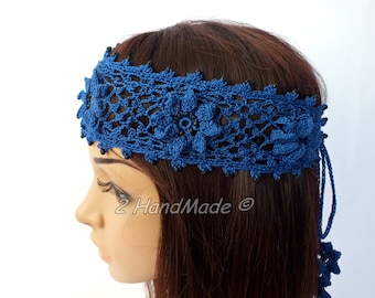 OOAK Irish Lace Crochet Headband Dreadlock Head Wrap Blue Boho Wooden Beaded Women Wedding Bridal Cotton Hair Snood