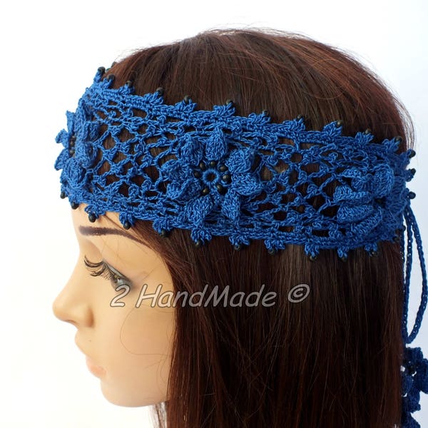 OOAK Irish Lace Crochet Headband Dreadlock Head Wrap Bleu Boho Bois Perlé Femmes Mariage Mariage Coton Cheveux Snood