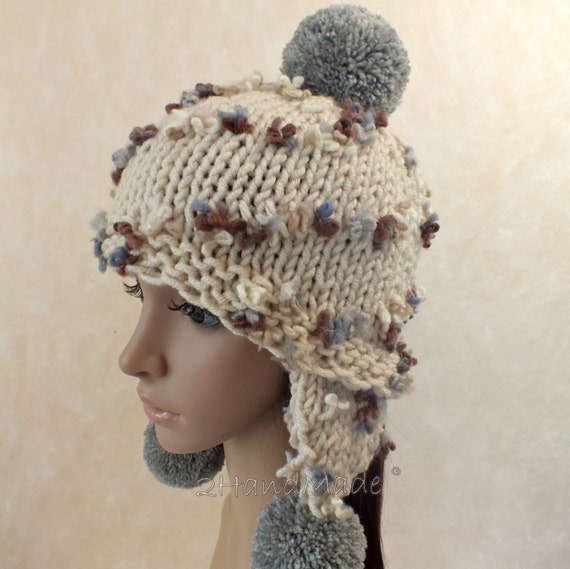 Super Chunky Hand Knit Hat Beige Grey Merino Wool Beanie Rain  