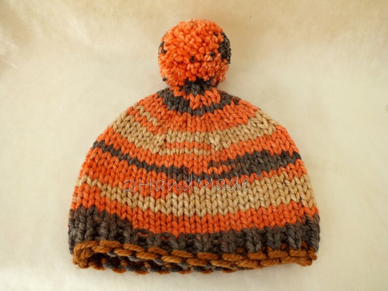 Super Chunky Hand Knit Hat Merino Wool Beanie Rain Ribbed Skull Cap Striped Unisex Colorful Men Women Teens Pom Pom