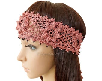 Pink Hand Crochet Headband Dreadlock Irish Lace Head Wrap Boho Pink Rose Wood Beaded Women Ivory Wedding Bridal Cotton Hair Snood
