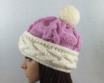 Pink Off White Santa Hat Adult Cable Knit Beanie Beret Baggy  Slouchy Christmas Chunky Pom Pom