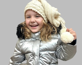 Hand Knit Merino Wool Slouchy Beanie: Kids Teens Winter Hat