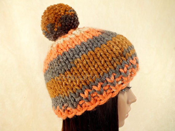 Hand Knit Super Chunky Merino Wool Beanie: Striped Pom Pom  display picture 1