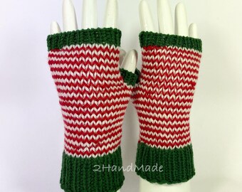 Merino Wool Striped Fingerless Gloves: Christmas Hand Warmers