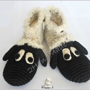 Unisex Adult Chunky Crochet Sheep Slippers Women Men Children Teens Funny Silly Winter Merino Wool Woodland Black Ivory Animals Woodland image 1